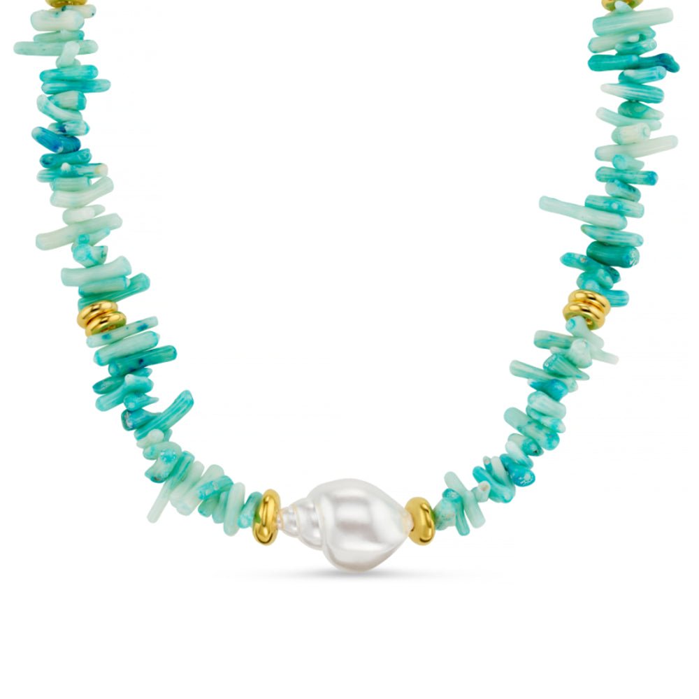 Blue Coral Chip & Pearl Necklace