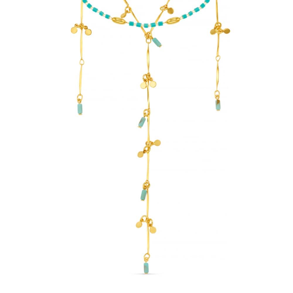 Turquoise Bead & Fringe Multi-Row Lariat Necklace